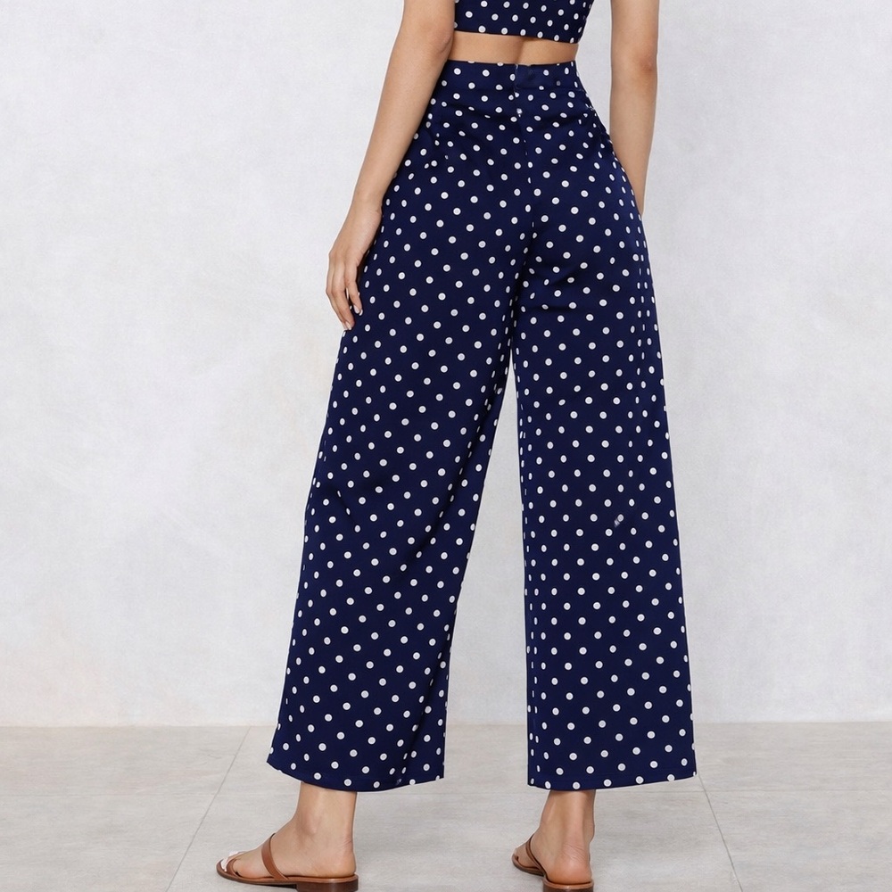 Navy Polka Dot Wide Leg High Rise Capri Pants French Girl Flowy Summer